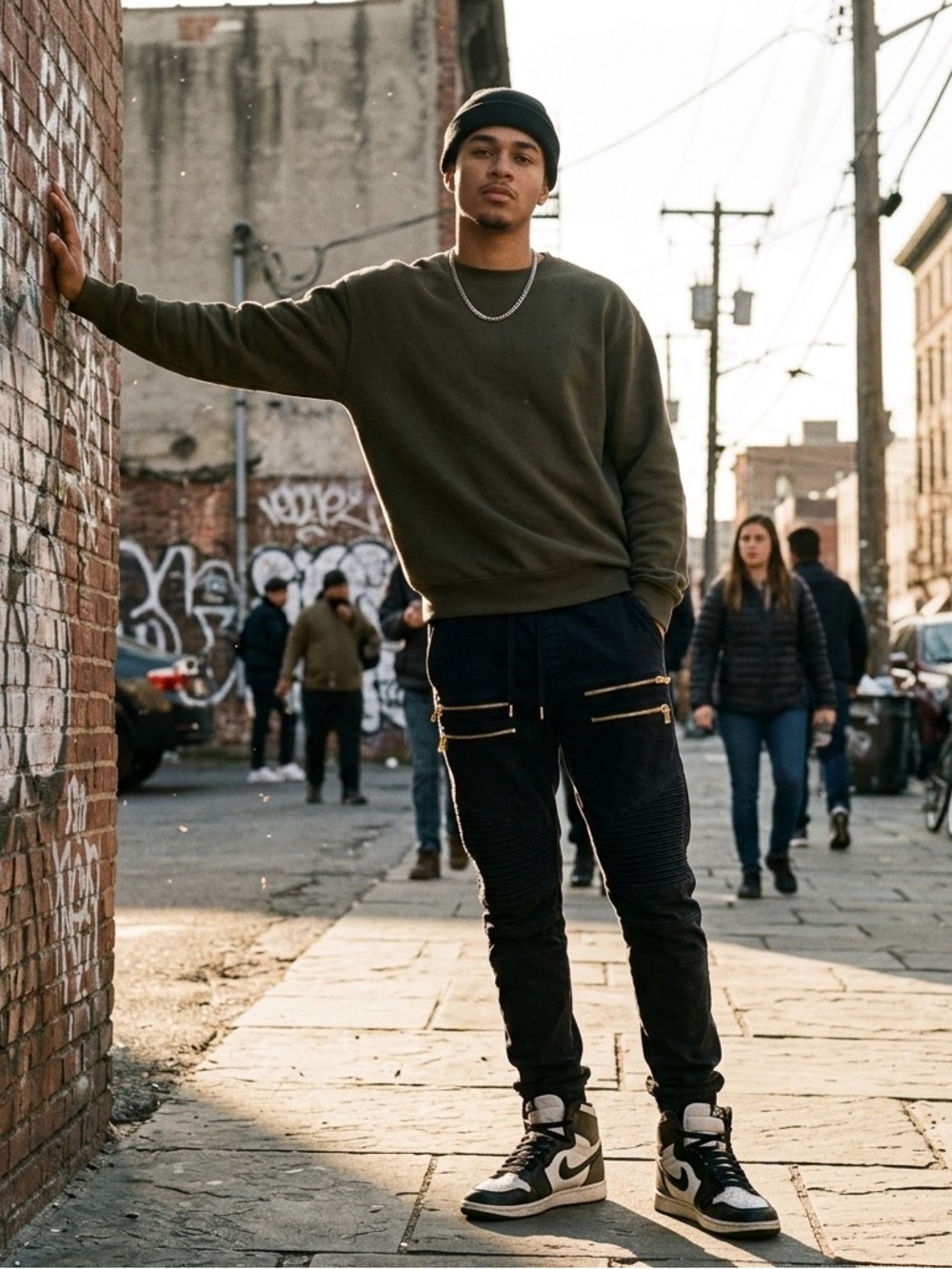 Men's Black Cargo Pants with Gold Zipper Accents